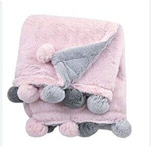 Just Born baby blanket pink gray pom poms
